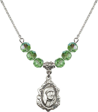 18" Rhodium Plated Necklace with 4mm Peridot Crystal Beads featuring a Sterling Silver Saint Teresa of Calcutta Medal.