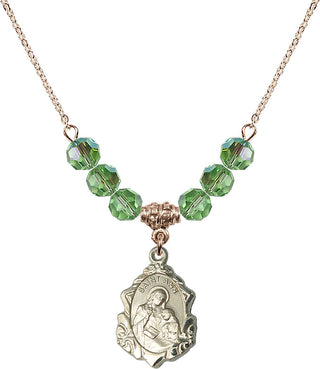18" Hamilton Gold Plated Necklace with 4mm Peridot Crystal Beads featuring a 14kt Gold Filled Saint Ann Medal. Engraved Catholic Saint Jewelry