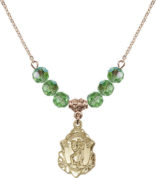18" Hamilton Gold Plated Necklace with 4mm Peridot Crystal Beads featuring a 14kt Gold Filled Saint Christopher Medal. Engraved Catholic Saint Jewelry
