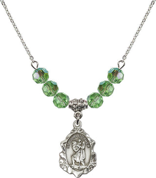 18" Rhodium Plated Necklace with 4mm Peridot Crystal Beads featuring a Sterling Silver Saint Christopher Medal. Engraved Catholic Saint Jewelry