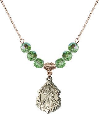 18" Hamilton Gold Plated Necklace with 4mm Peridot Crystal Beads featuring a 14kt Gold Filled Divine Mercy Medal. Engraved Catholic Saint Jewelry