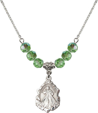 18" Rhodium Plated Necklace with 4mm Peridot Crystal Beads featuring a Sterling Silver Divine Mercy Medal. Engraved Catholic Saint Jewelry