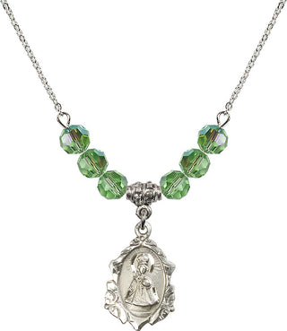 18" Rhodium Plated Necklace with 4mm Peridot Crystal Beads featuring a Sterling Silver Infant of Prague Medal. Engraved Catholic Saint Jewelry