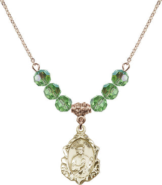 18" Hamilton Gold Plated Necklace with 4mm Peridot Crystal Beads featuring a 14kt Gold Filled Saint Jude Medal. Engraved Catholic Saint Jewelry