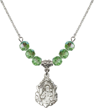 18" Rhodium Plated Necklace with 4mm Peridot Crystal Beads featuring a Sterling Silver Saint Joseph Medal. Engraved Catholic Saint Jewelry