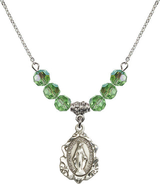 18" Rhodium Plated Necklace with 4mm Peridot Crystal Beads featuring a Sterling Silver Miraculous Medal. Engraved Catholic Saint Jewelry