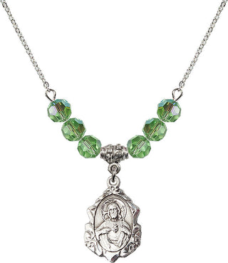 18" Rhodium Plated Necklace with 4mm Peridot Crystal Beads featuring a Sterling Silver Scapular Medal.
