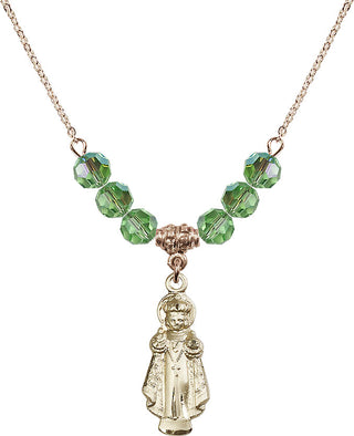 18" Hamilton Gold Plated Necklace with 4mm Peridot Crystal Beads featuring a 14kt Gold Filled Infant of Prague Medal.
