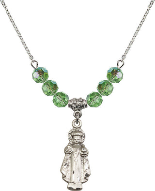 18" Rhodium Plated Necklace with 4mm Peridot Crystal Beads featuring a Sterling Silver Infant of Prague Medal.