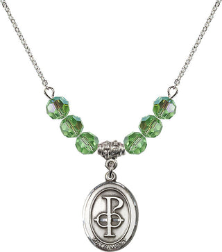 18" Rhodium Plated Necklace with 4mm Peridot Crystal Beads featuring a Sterling Silver Matrimony Medal.