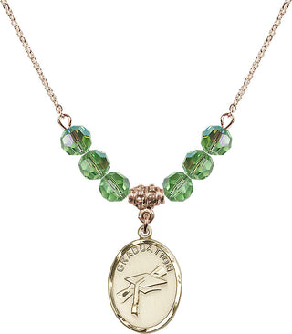 18" Hamilton Gold Plated Necklace with 4mm Peridot Crystal Beads featuring a 14kt Gold Filled Graduation Medal.