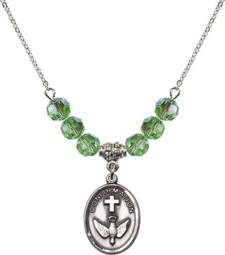 18" Rhodium Plated Necklace with 4mm Peridot Crystal Beads featuring a Sterling Silver Confirmation Medal.