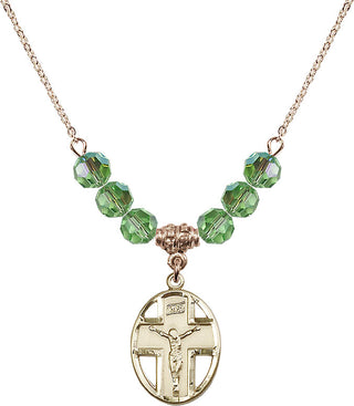 18" Hamilton Gold Plated Necklace with 4mm Peridot Crystal Beads featuring a 14kt Gold Filled Crucifix Medal.