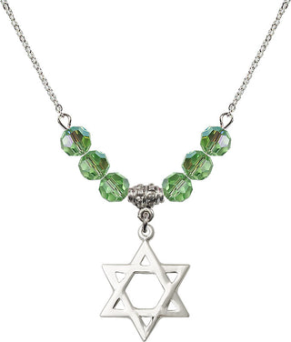 18" Rhodium Plated Necklace with 4mm Peridot Crystal Beads featuring a Sterling Silver Star of David Medal.