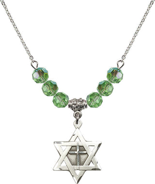 18" Rhodium Plated Necklace with 4mm Peridot Crystal Beads featuring a Sterling Silver Star of David with Cross Medal.