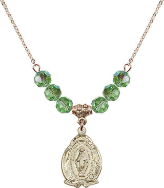 18" Hamilton Gold Plated Necklace with 4mm Peridot Crystal Beads featuring a 14kt Gold Filled Miraculous Medal.