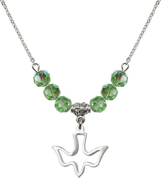 18" Rhodium Plated Necklace with 4mm Peridot Crystal Beads featuring a Sterling Silver Holy Spirit Medal.