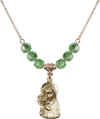 18" Hamilton Gold Plated Necklace with 4mm Peridot Crystal Beads featuring a 14kt Gold Filled Madonna & Child Medal.