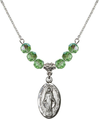 18" Rhodium Plated Necklace with 4mm Peridot Crystal Beads featuring a Sterling Silver Miraculous Medal.