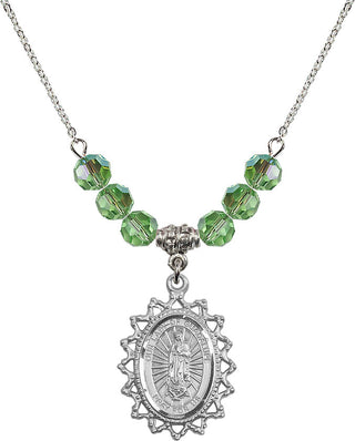 18" Rhodium Plated Necklace with 4mm Peridot Crystal Beads featuring a Sterling Silver Our Lady of Guadalupe Medal.