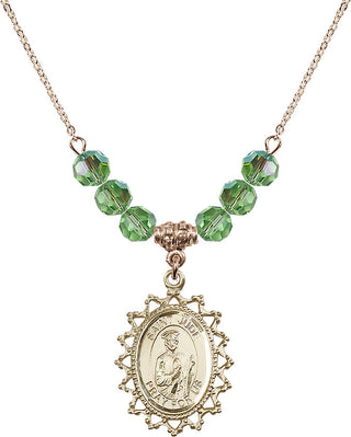 18" Hamilton Gold Plated Necklace with 4mm Peridot Crystal Beads featuring a 14kt Gold Filled Saint Jude Medal.