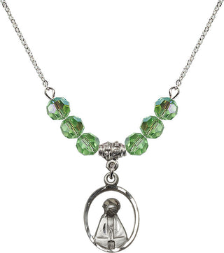 18" Rhodium Plated Necklace with 4mm Peridot Crystal Beads featuring a Sterling Silver Madonna Medal.