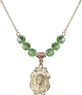 18" Hamilton Gold Plated Necklace with 4mm Peridot Crystal Beads featuring a 14kt Gold Filled Madonna Medal.