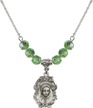 18" Rhodium Plated Necklace with 4mm Peridot Crystal Beads featuring a Sterling Silver Madonna Medal.