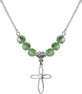 18" Rhodium Plated Necklace with 4mm Peridot Crystal Beads featuring a Sterling Silver Loop Cross Medal.