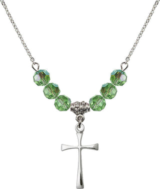 18" Rhodium Plated Necklace with 4mm Peridot Crystal Beads featuring a Sterling Silver Maltese Cross Medal.