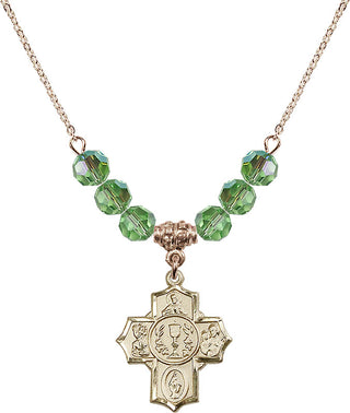 18" Hamilton Gold Plated Necklace with 4mm Peridot Crystal Beads featuring a 14kt Gold Filled Communion/5-Way Medal.