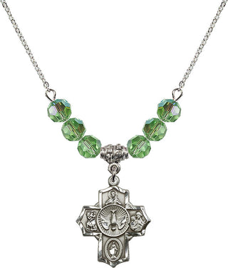 18" Rhodium Plated Necklace with 4mm Peridot Crystal Beads featuring a Sterling Silver 5-Way Medal.