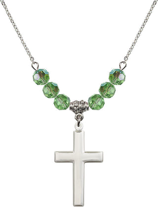 18" Rhodium Plated Necklace with 4mm Peridot Crystal Beads featuring a Sterling Silver Cross Medal.
