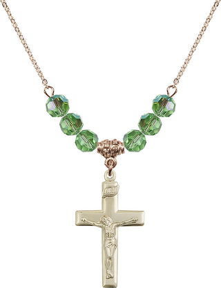 18" Hamilton Gold Plated Necklace with 4mm Peridot Crystal Beads featuring a 14kt Gold Filled Crucifix Medal.
