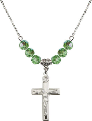 18" Rhodium Plated Necklace with 4mm Peridot Crystal Beads featuring a Sterling Silver Crucifix Medal.