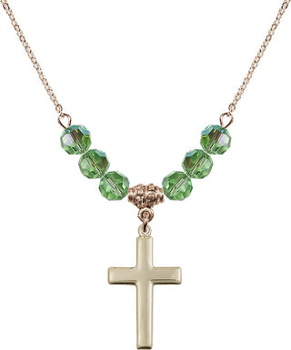 18" Hamilton Gold Plated Necklace with 4mm Peridot Crystal Beads featuring a 14kt Gold Filled Cross Medal.