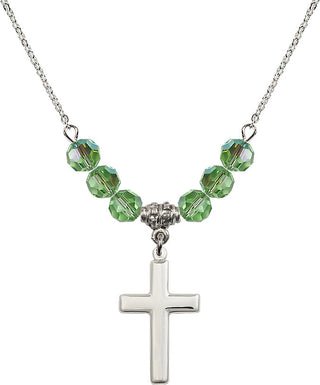 18" Rhodium Plated Necklace with 4mm Peridot Crystal Beads featuring a Sterling Silver Cross Medal.