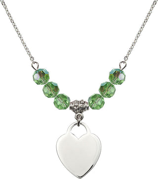 18" Rhodium Plated Necklace with 4mm Peridot Crystal Beads featuring a Sterling Silver Heart Medal. Engraved Catholic Saint Jewelry