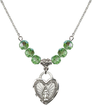 18" Rhodium Plated Necklace with 4mm Peridot Crystal Beads featuring a Sterling Silver Miraculous Heart Medal. Engraved Catholic Saint Jewelry