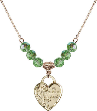 18" Hamilton Gold Plated Necklace with 4mm Peridot Crystal Beads featuring a 14kt Gold Filled Guardian Angel Heart Medal. Engraved Catholic Saint Jewelry