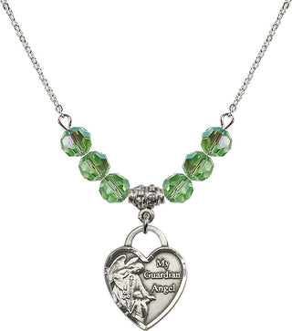 18" Rhodium Plated Necklace with 4mm Peridot Crystal Beads featuring a Sterling Silver Guardian Angel Heart Medal. Engraved Catholic Saint Jewelry