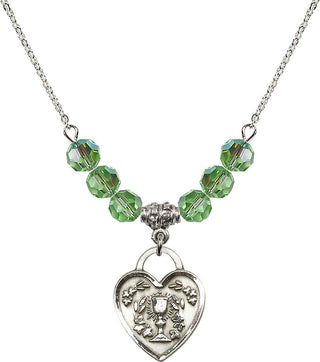 18" Rhodium Plated Necklace with 4mm Peridot Crystal Beads featuring a Sterling Silver Communion Heart Medal. Engraved Catholic Saint Jewelry