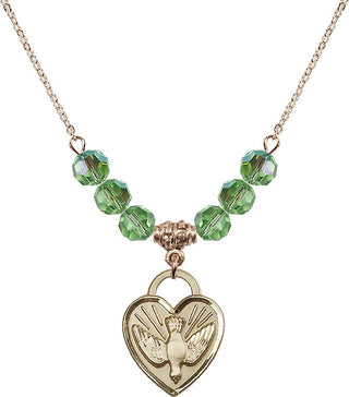 18" Hamilton Gold Plated Necklace with 4mm Peridot Crystal Beads featuring a 14kt Gold Filled Confirmation Heart Medal. Engraved Catholic Saint Jewelry