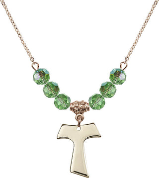 18" Hamilton Gold Plated Necklace with 4mm Peridot Crystal Beads featuring a 14kt Gold Filled Tau Cross Medal.