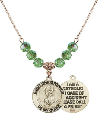 18" Hamilton Gold Plated Necklace with 4mm Peridot Crystal Beads featuring a 14kt Gold Filled Saint Christopher Medal.