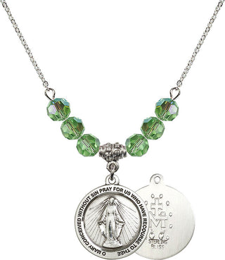 18" Rhodium Plated Necklace with 4mm Peridot Crystal Beads featuring a Sterling Silver Miraculous Medal.