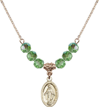 18" Hamilton Gold Plated Necklace with 4mm Peridot Crystal Beads featuring a 14kt Gold Filled Miraculous Medal.