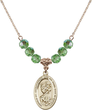 18" Hamilton Gold Plated Necklace with 4mm Peridot Crystal Beads featuring a 14kt Gold Filled Saint Christopher Medal. Engraved Catholic Saint Jewelry
