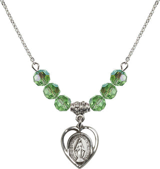 18" Rhodium Plated Necklace with 4mm Peridot Crystal Beads featuring a Sterling Silver Miraculous Medal.