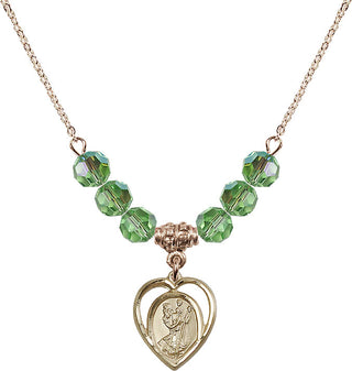 18" Hamilton Gold Plated Necklace with 4mm Peridot Crystal Beads featuring a 14kt Gold Filled Saint Christopher Medal.